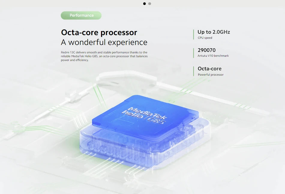 Xiaomi Redmi 13C global version showing blue MediaTek Helio G85 octa core processor graphic and performance specs Xiaomi Redmi 13C global version showing blue MediaTek Helio G85 octa core processor graphic and performance specs