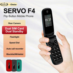 Mumzar Servo F4 black flip mobile phone with dual SIM held open showing keypad rear camera and small display Mumzar Servo F4 black flip mobile phone with dual SIM held open showing keypad rear camera and small display