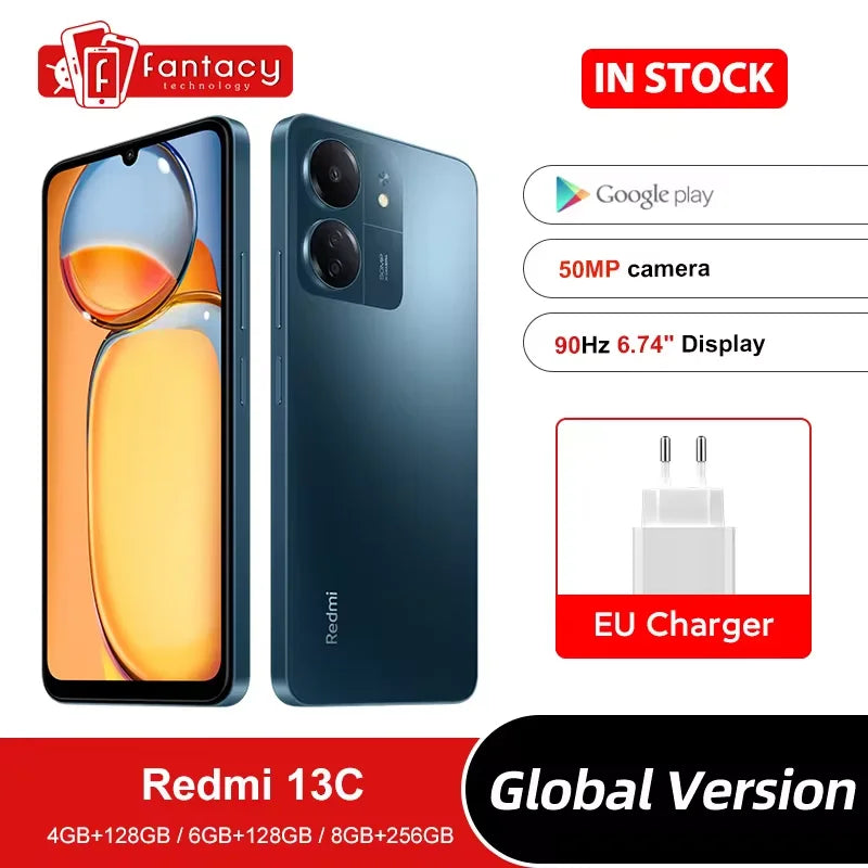 Xiaomi Redmi 13C global version blue phone showing front and back 6.74 inch 90Hz display 50MP camera with EU charger Xiaomi Redmi 13C global version blue phone showing front and back 6.74 inch 90Hz display 50MP camera with EU charger