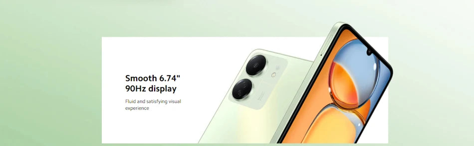 Xiaomi Redmi 13C global version mint green smartphone showing 6.74 inch 90Hz display and dual rear cameras Xiaomi Redmi 13C global version mint green smartphone showing 6.74 inch 90Hz display and dual rear cameras