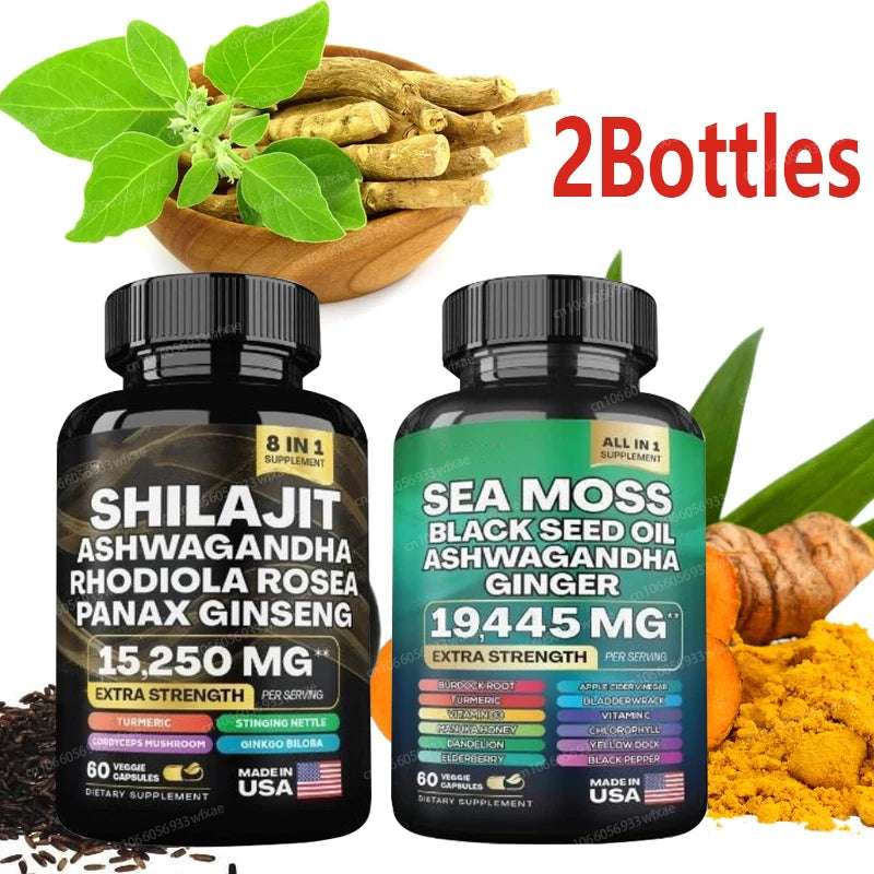2 Bottles 15250MG Pure Himalayan SHILAJIT Capsules+ Sea Moss Capsules Immunity Support 2 Bottles 15250MG Pure Himalayan SHILAJIT Capsules+ Sea Moss Capsules Immunity Support