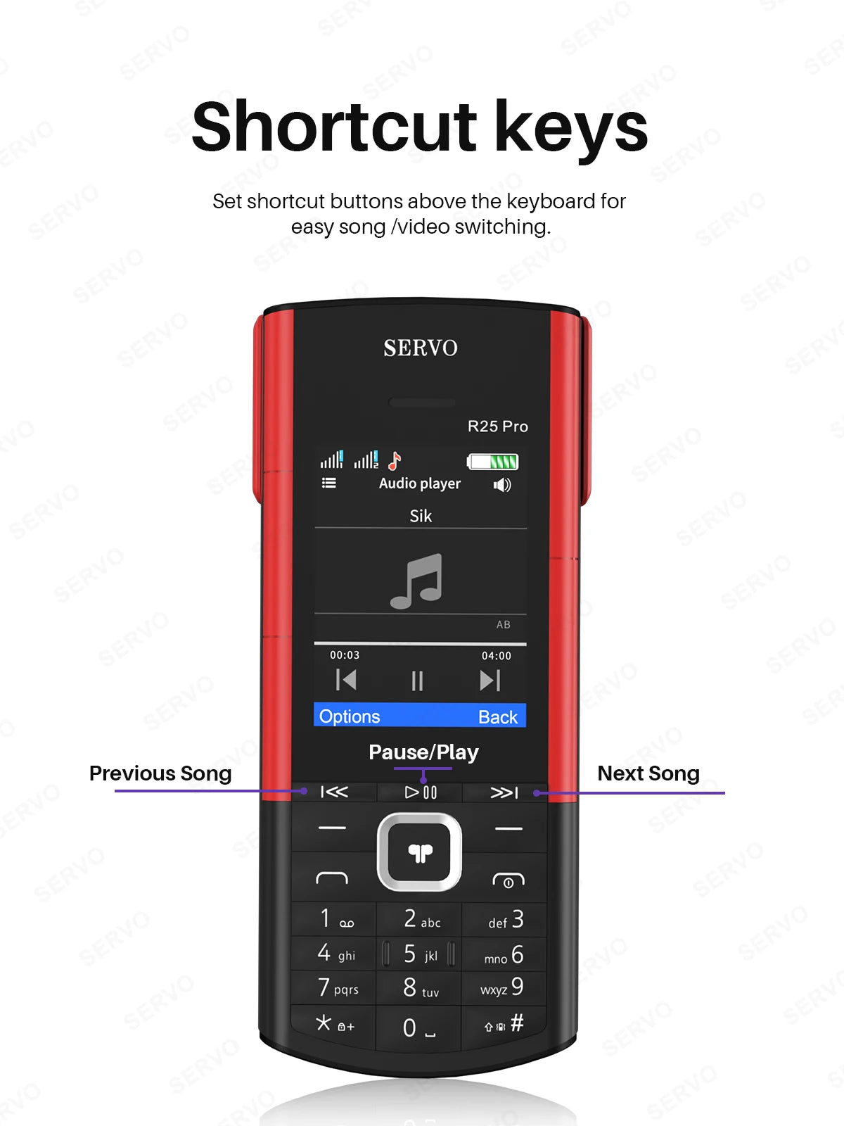 Front view of red and black SERVO R25 PRO dual SIM mobile phone showing audio player screen shortcut keys and keypad Front view of red and black SERVO R25 PRO dual SIM mobile phone showing audio player screen shortcut keys and keypad