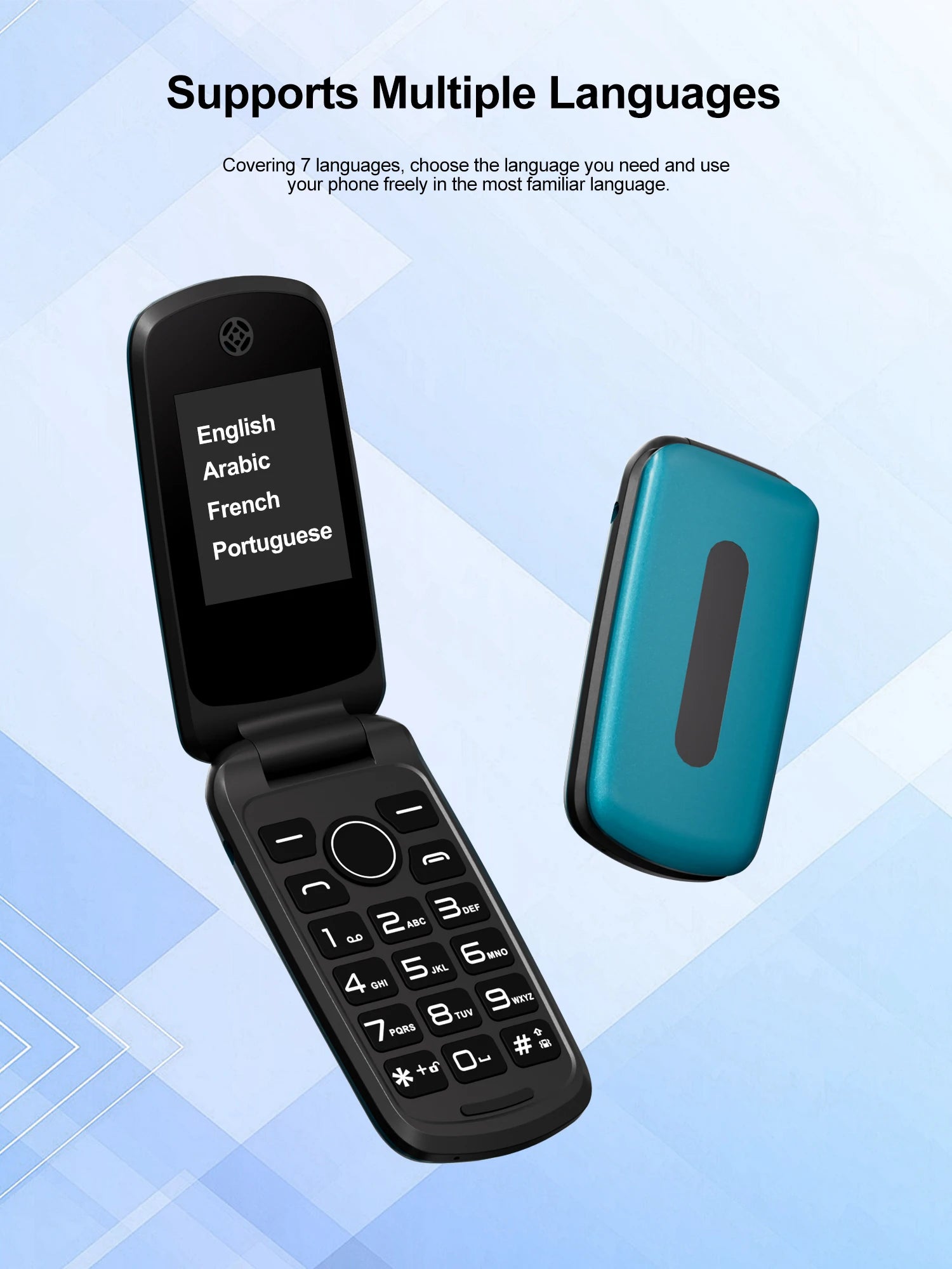 Mumzar flip mobile phone with dual SIM black clamshell open showing keypad and language menu and teal closed back cover Mumzar flip mobile phone with dual SIM black clamshell open showing keypad and language menu and teal closed back cover