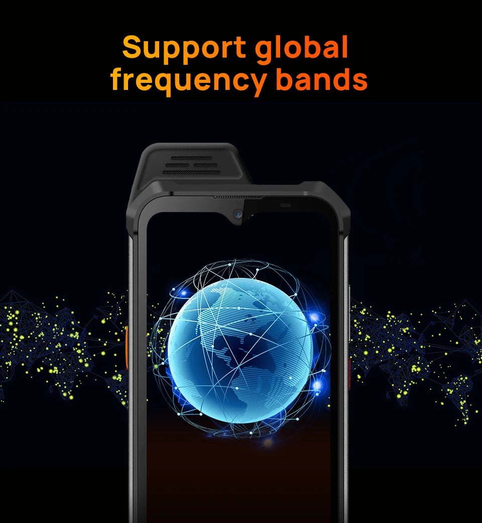 UNIWA rugged ATEX smartphone UAE front view with globe graphic highlighting global frequency band support UNIWA rugged ATEX smartphone UAE front view with globe graphic highlighting global frequency band support