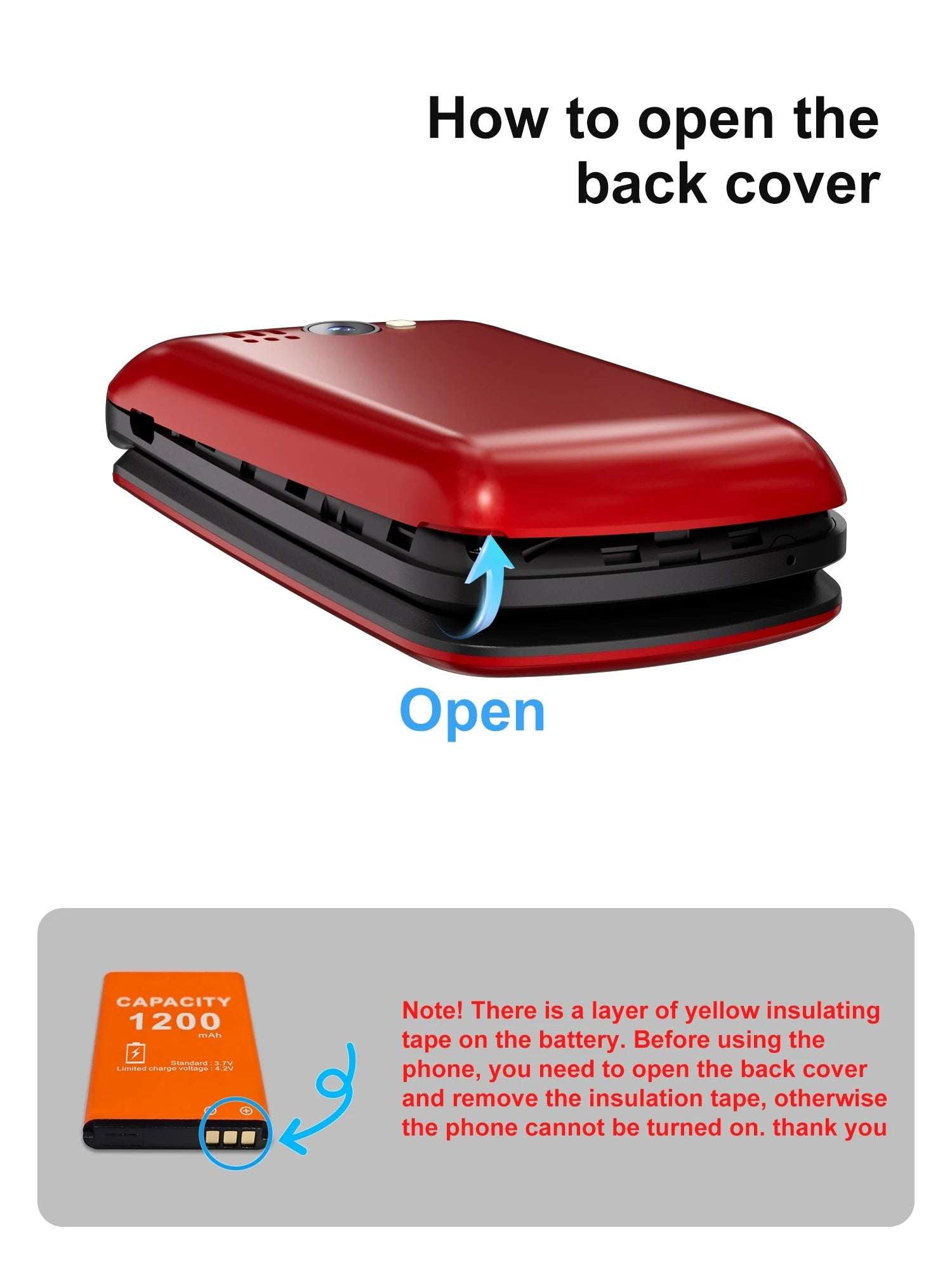 Mumzar red flip mobile phone with dual SIM closed showing back cover opening arrow and battery insulation note Mumzar red flip mobile phone with dual SIM closed showing back cover opening arrow and battery insulation note