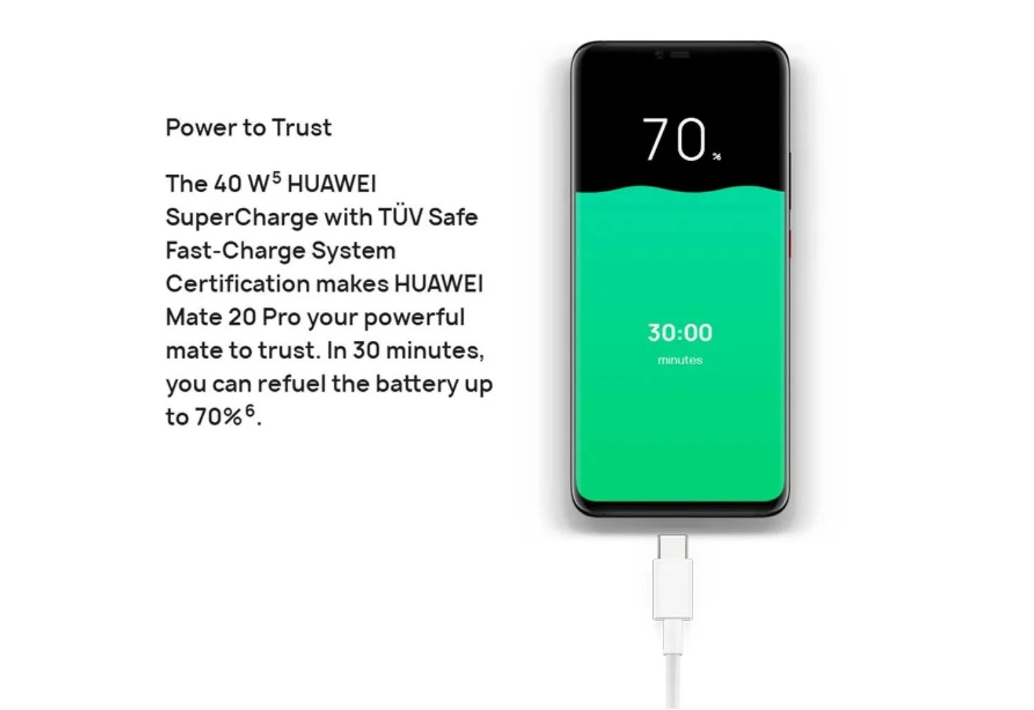 Huawei Mate 20 Pro 8GB 256GB unlocked phone charging with cable showing 70 percent battery and SuperCharge text Huawei Mate 20 Pro 8GB 256GB unlocked phone charging with cable showing 70 percent battery and SuperCharge text