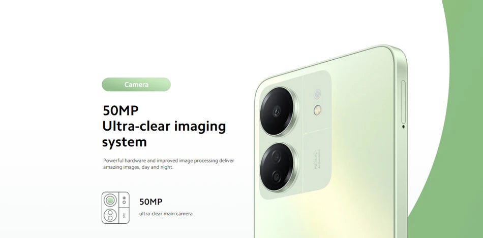Xiaomi Redmi 13C global version light green phone showing dual rear cameras 50MP ultra clear imaging Xiaomi Redmi 13C global version light green phone showing dual rear cameras 50MP ultra clear imaging