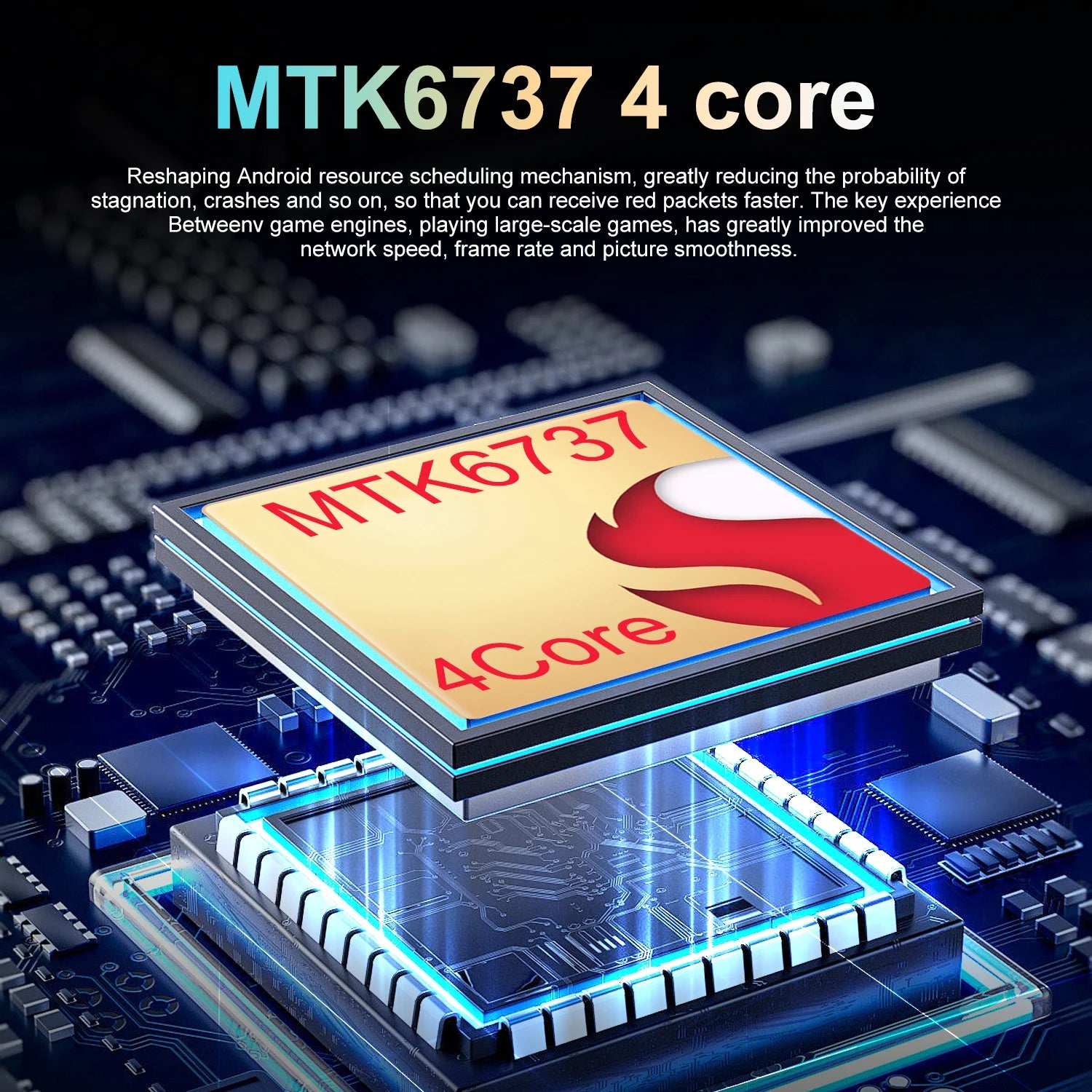 Mumzar MTK6737 4 core processor close up on circuit board for XS22 Android smartphone UAE promotional image Mumzar MTK6737 4 core processor close up on circuit board for XS22 Android smartphone UAE promotional image
