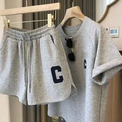  2 Piece Set Women Summer Loose Short Sleeve T-Shirt Casual Shorts Sports Print Letter Casual Suit Large Size Short Pajamas  2 Piece Set Women Summer Loose Short Sleeve T-Shirt Casual Shorts Sports Print Letter Casual Suit Large Size Short Pajamas
