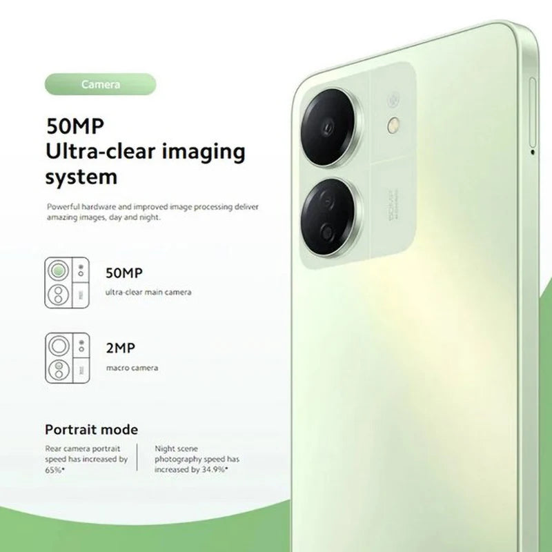 Xiaomi Redmi 13C global version mint green phone showing dual rear 50MP and 2MP cameras and imaging specs Xiaomi Redmi 13C global version mint green phone showing dual rear 50MP and 2MP cameras and imaging specs