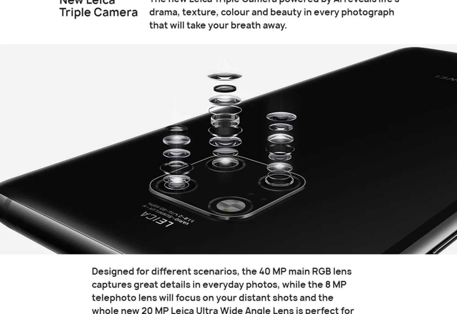 Black Huawei Mate 20 Pro 8GB 256GB unlocked showing rear Leica camera module and lenses close up Black Huawei Mate 20 Pro 8GB 256GB unlocked showing rear Leica camera module and lenses close up