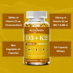 كبسولات فيتامين د3+ك2، 5000 وحدة دولية، 300 ميكروغرام | غير معدل وراثيًا، نباتي، طبيعي، خالٍ من الغلوتين | مكمل غذائي كبسولات فيتامين د3+ك2، 5000 وحدة دولية، 300 ميكروغرام | غير معدل وراثيًا، نباتي، طبيعي، خالٍ من الغلوتين | مكمل غذائي