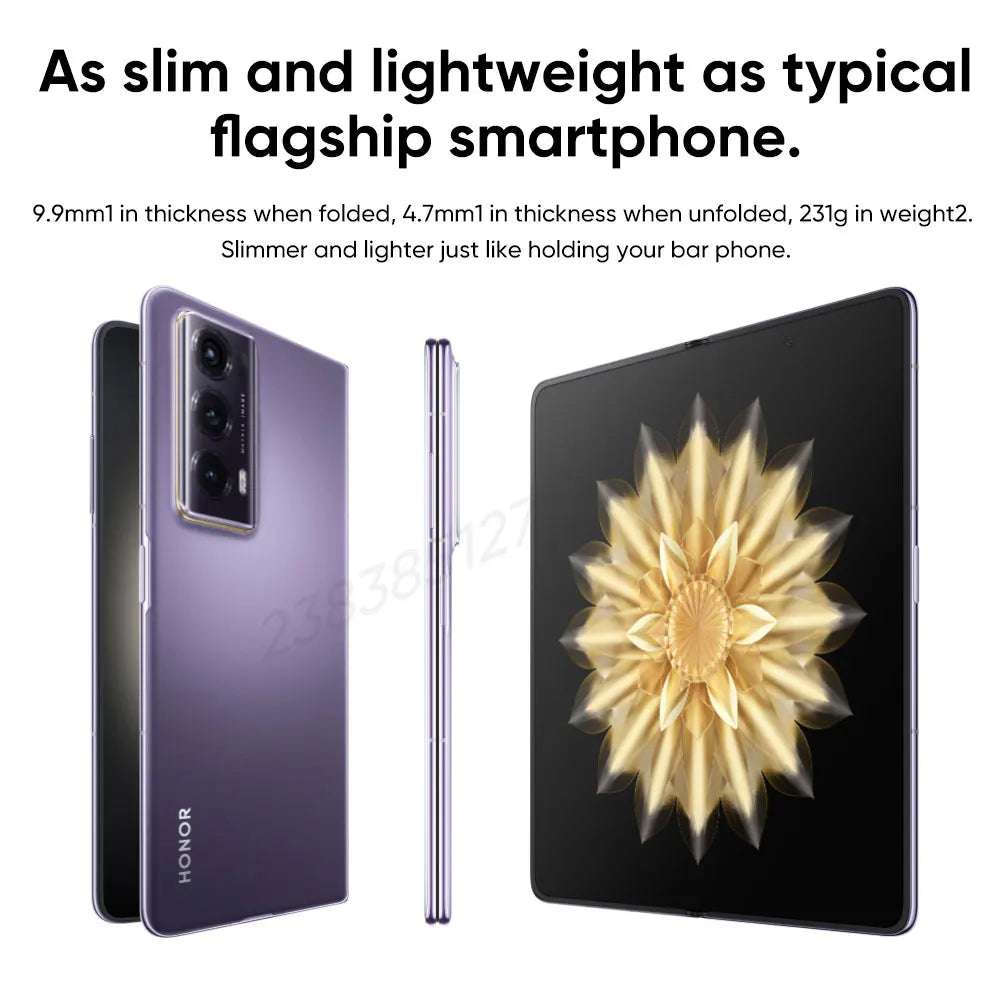 HONOR Honor Magic V2 5G foldable phone showing purple back triple cameras and unfolded display with flower wallpaper HONOR Honor Magic V2 5G foldable phone showing purple back triple cameras and unfolded display with flower wallpaper
