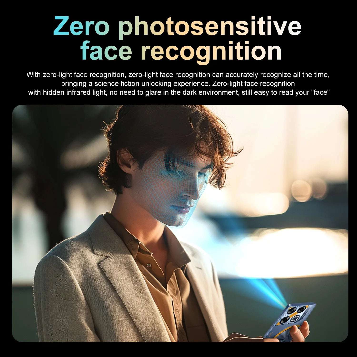 Person using XS22 Android smartphone UAE demonstrating zero photosensitive face recognition at night with infrared projection Person using XS22 Android smartphone UAE demonstrating zero photosensitive face recognition at night with infrared projection