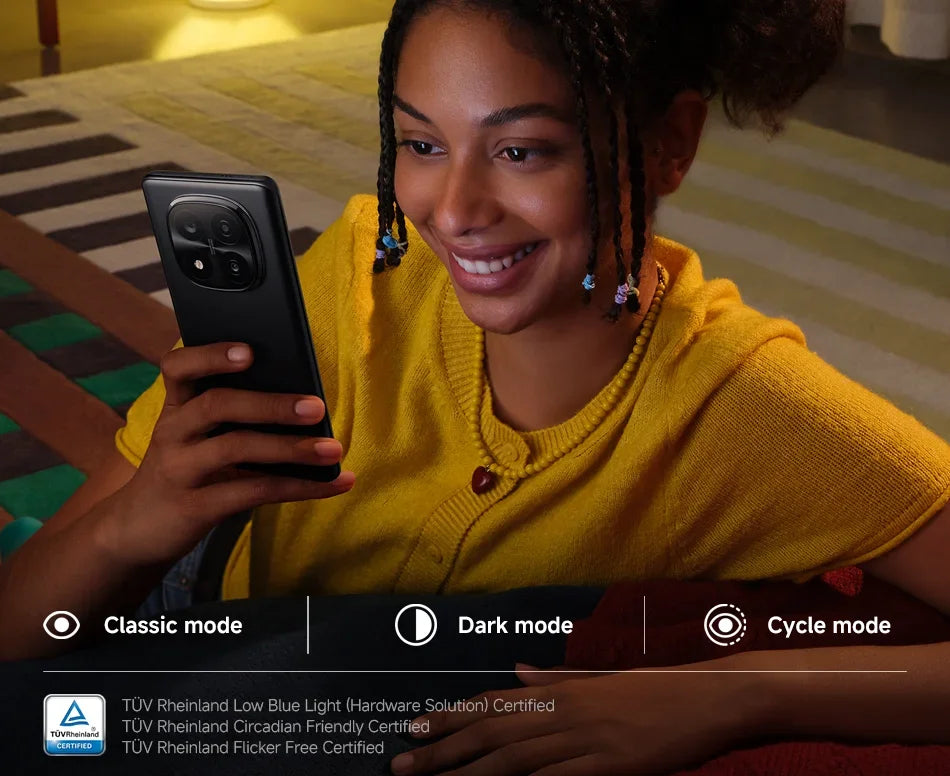Woman using Xiaomi Redmi Note 14 Pro Plus 5G global version smartphone at home showing rear camera Woman using Xiaomi Redmi Note 14 Pro Plus 5G global version smartphone at home showing rear camera