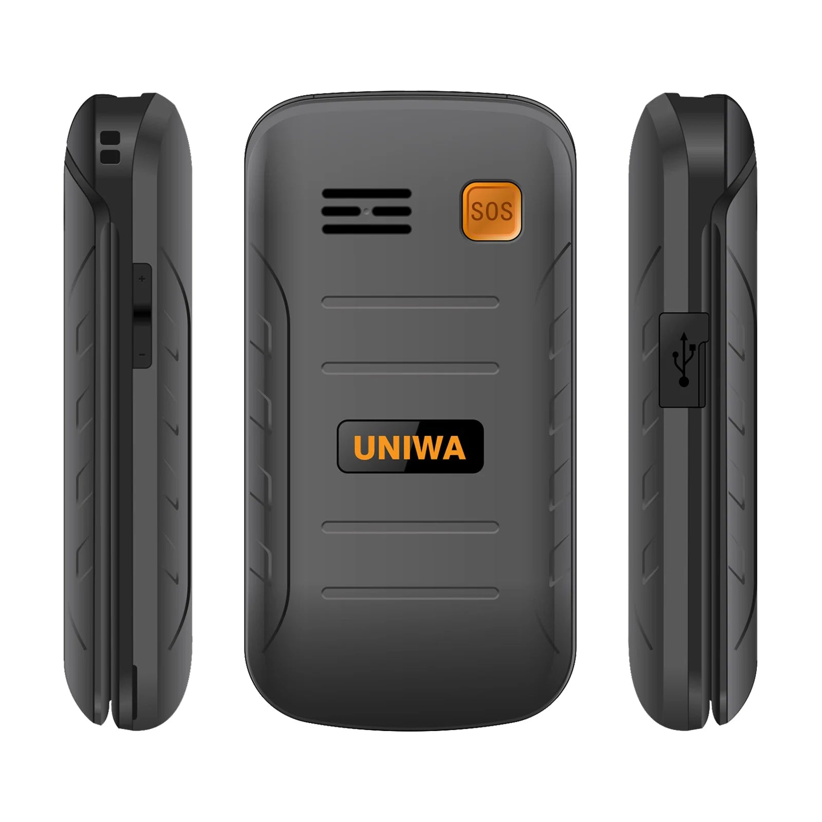 Mumzar UNIWA black 4G flip phone for seniors showing back and side views with SOS button and USB port Mumzar UNIWA black 4G flip phone for seniors showing back and side views with SOS button and USB port