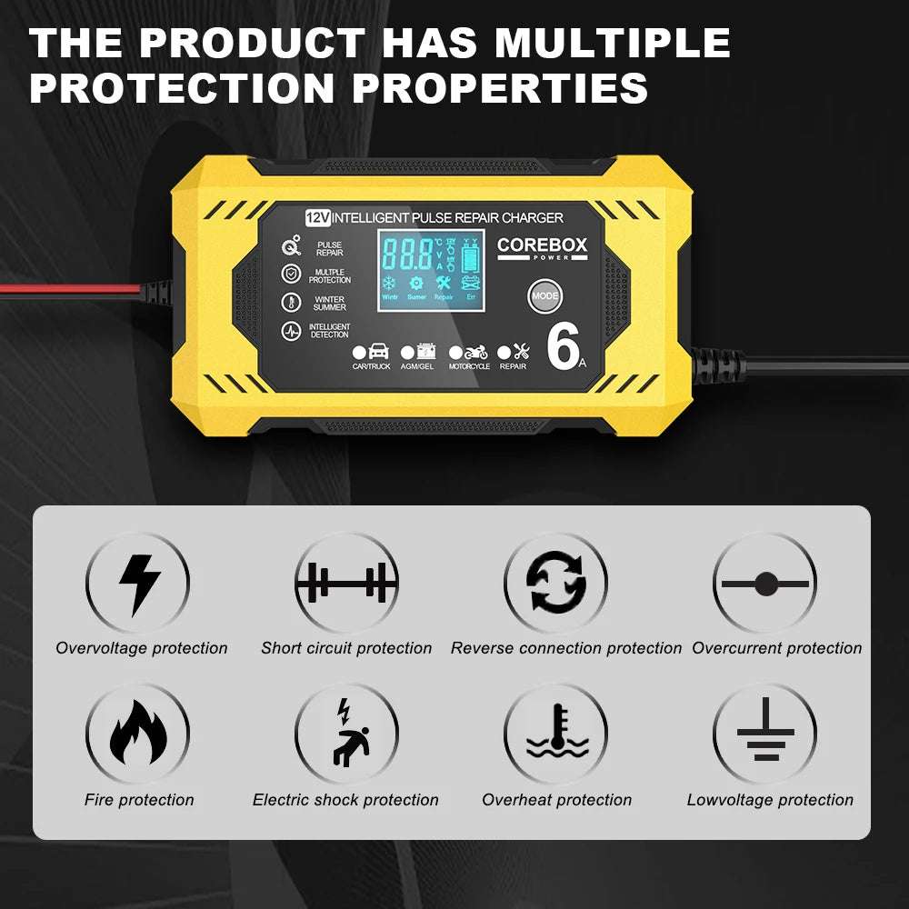 12V6A smart battery charger AGM Start stop battery European regulation full stop reverse protection lead-acid charger 12V6A smart battery charger AGM Start stop battery European regulation full stop reverse protection lead-acid charger