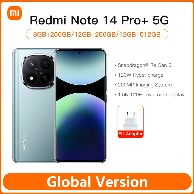 Xiaomi Redmi Note 14 Pro Plus 5G global version. Front and back view in green with 200MP camera 120W charger and EU adapter Xiaomi Redmi Note 14 Pro Plus 5G global version. Front and back view in green with 200MP camera 120W charger and EU adapter