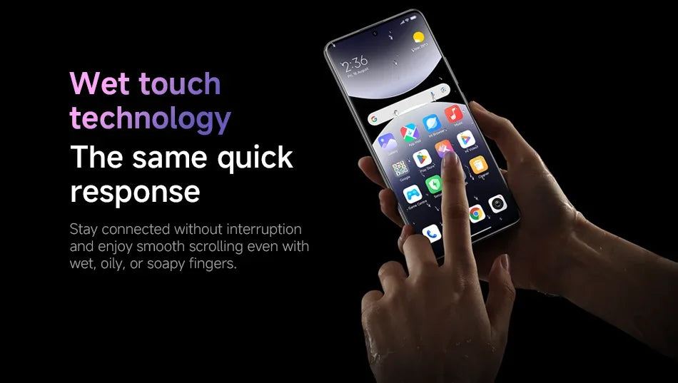 Hand holding Xiaomi Redmi Note 14 Pro Plus 5G global version with wet fingers demonstrating wet touch technology Hand holding Xiaomi Redmi Note 14 Pro Plus 5G global version with wet fingers demonstrating wet touch technology