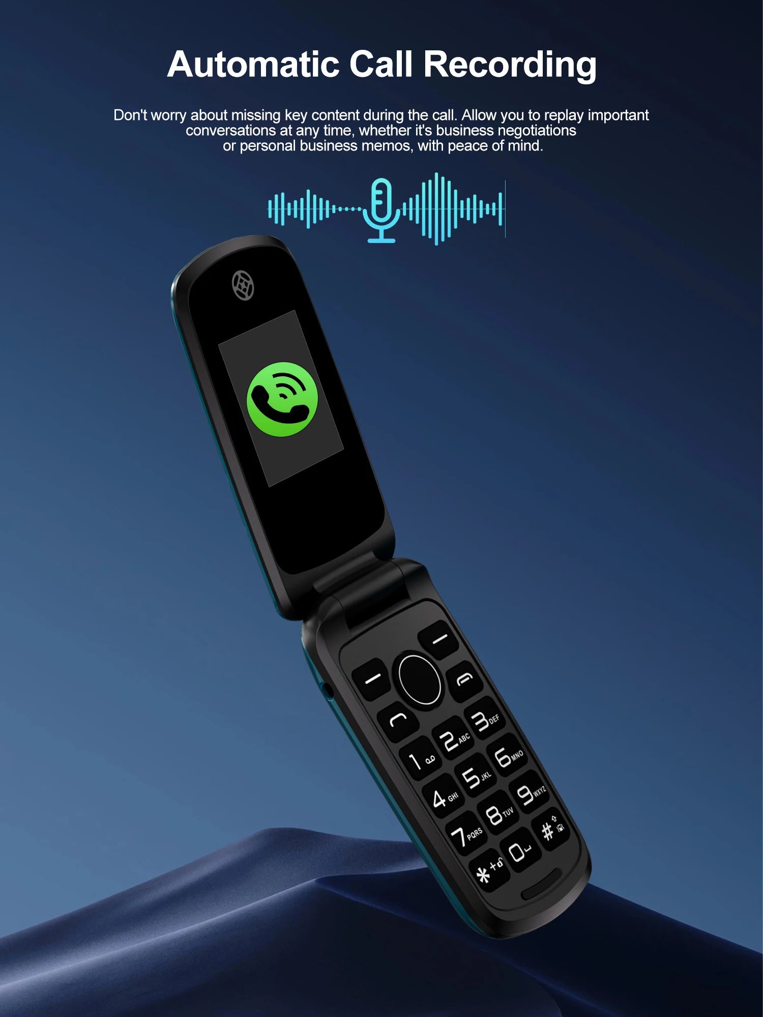 Mumzar black flip mobile phone with dual SIM showing open clamshell keypad and call recording icon Mumzar black flip mobile phone with dual SIM showing open clamshell keypad and call recording icon