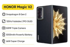 Honor Magic V2 5G foldable phone in black showing open fold display triple camera 16GB RAM 512GB ROM Honor Magic V2 5G foldable phone in black showing open fold display triple camera 16GB RAM 512GB ROM
