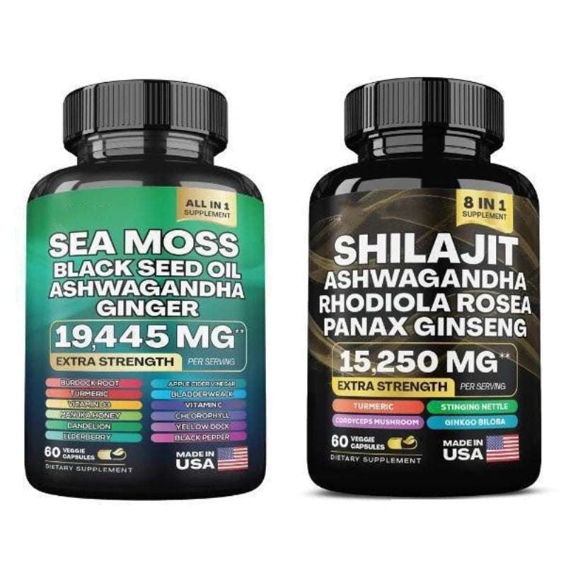 2 Bottles 15250MG Pure Himalayan SHILAJIT Capsules+ Sea Moss Capsules Immunity Support 2 Bottles 15250MG Pure Himalayan SHILAJIT Capsules+ Sea Moss Capsules Immunity Support