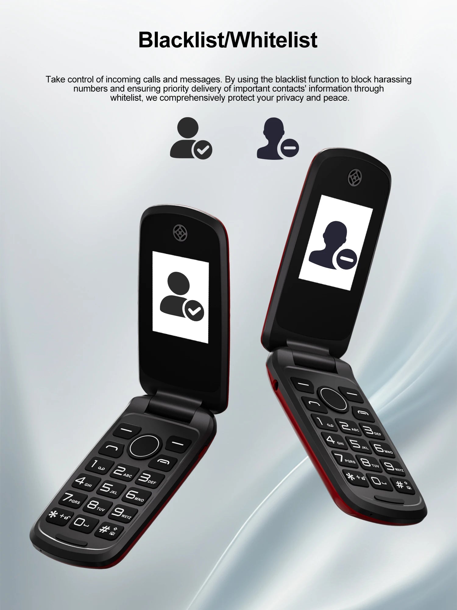 Mumzar flip mobile phone with dual SIM black red clamshell open showing large keypad and contact blacklist icons Mumzar flip mobile phone with dual SIM black red clamshell open showing large keypad and contact blacklist icons