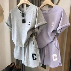  2 Piece Set Women Summer Loose Short Sleeve T-Shirt Casual Shorts Sports Print Letter Casual Suit Large Size Short Pajamas  2 Piece Set Women Summer Loose Short Sleeve T-Shirt Casual Shorts Sports Print Letter Casual Suit Large Size Short Pajamas