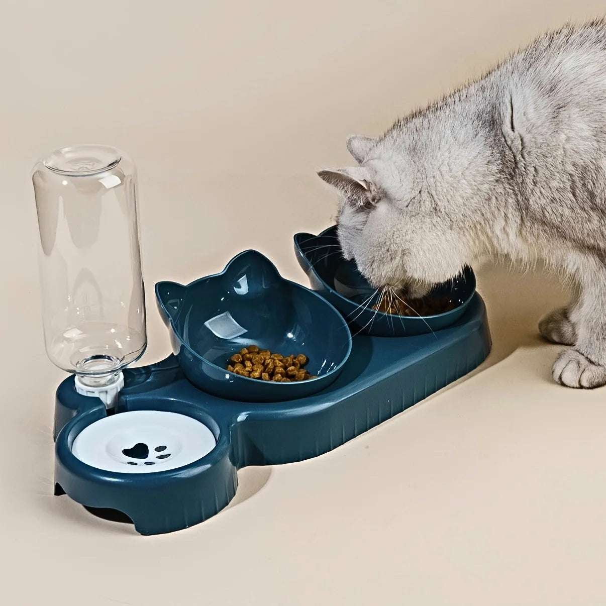 Pet Bowls With Water Feeder, 3 In 1 Ear Design Tilted Cat Water And Food Bowl Set With Gravity Water Bottle For Neck Protection Pet Bowls With Water Feeder, 3 In 1 Ear Design Tilted Cat Water And Food Bowl Set With Gravity Water Bottle For Neck Protection