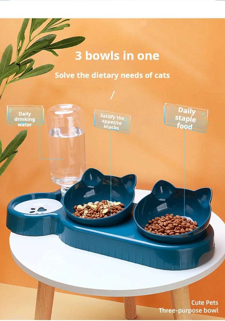 Pet Bowls With Water Feeder, 3 In 1 Ear Design Tilted Cat Water And Food Bowl Set With Gravity Water Bottle For Neck Protection Pet Bowls With Water Feeder, 3 In 1 Ear Design Tilted Cat Water And Food Bowl Set With Gravity Water Bottle For Neck Protection
