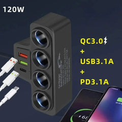 12V/24V Car Cigarette Lighter Adapter New 4-Socket 3.1A Charger Charger USB Car USB+QC3.0+PD3.1A Accessories Port USB 120W 12V/24V Car Cigarette Lighter Adapter New 4-Socket 3.1A Charger Charger USB Car USB+QC3.0+PD3.1A Accessories Port USB 120W