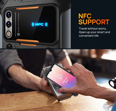 UNIWA rugged ATEX smartphone UAE showing NFC payment usage at a POS and rear camera close up UNIWA rugged ATEX smartphone UAE showing NFC payment usage at a POS and rear camera close up