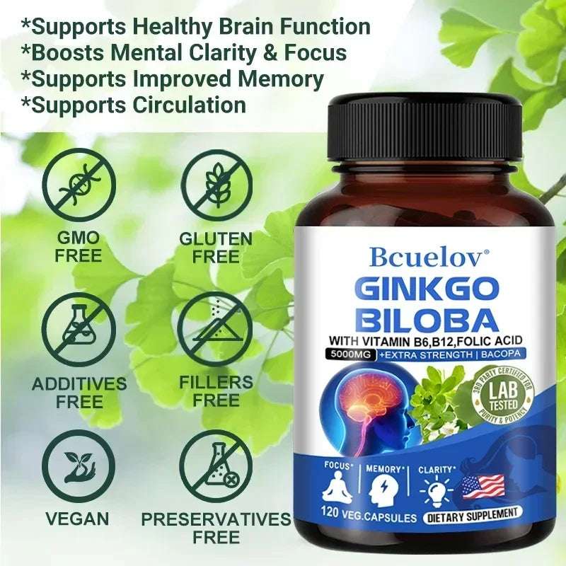 Ginkgo Biloba Capsules Memory Support Supplement, Brain Function & Mental Alertness, Focus, Concentration, with Vitamin B6 B12 Ginkgo Biloba Capsules Memory Support Supplement, Brain Function & Mental Alertness, Focus, Concentration, with Vitamin B6 B12