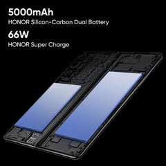Honor Magic V2 5G foldable phone showing internal dual 5000mAh silicon carbon batteries and 66W super charge Honor Magic V2 5G foldable phone showing internal dual 5000mAh silicon carbon batteries and 66W super charge