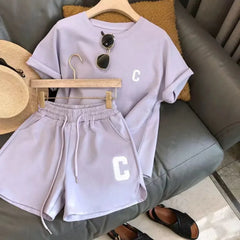  2 Piece Set Women Summer Loose Short Sleeve T-Shirt Casual Shorts Sports Print Letter Casual Suit Large Size Short Pajamas  2 Piece Set Women Summer Loose Short Sleeve T-Shirt Casual Shorts Sports Print Letter Casual Suit Large Size Short Pajamas