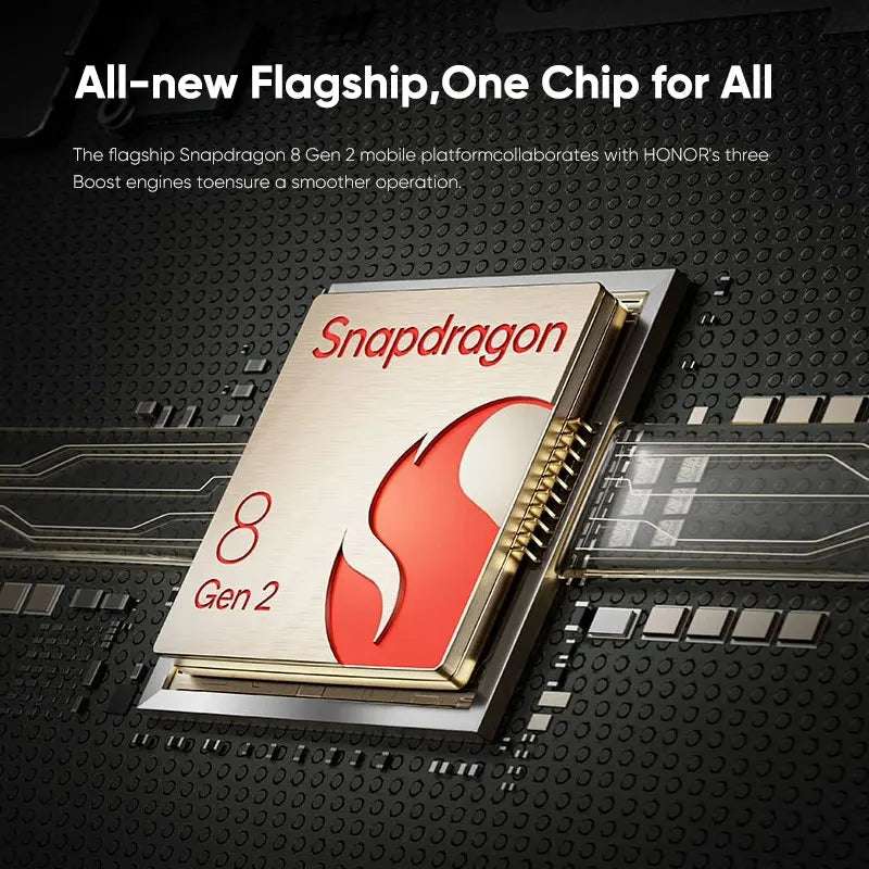 Honor Magic V2 5G foldable phone marketing image showing Snapdragon 8 Gen 2 chip close up and slogan Honor Magic V2 5G foldable phone marketing image showing Snapdragon 8 Gen 2 chip close up and slogan