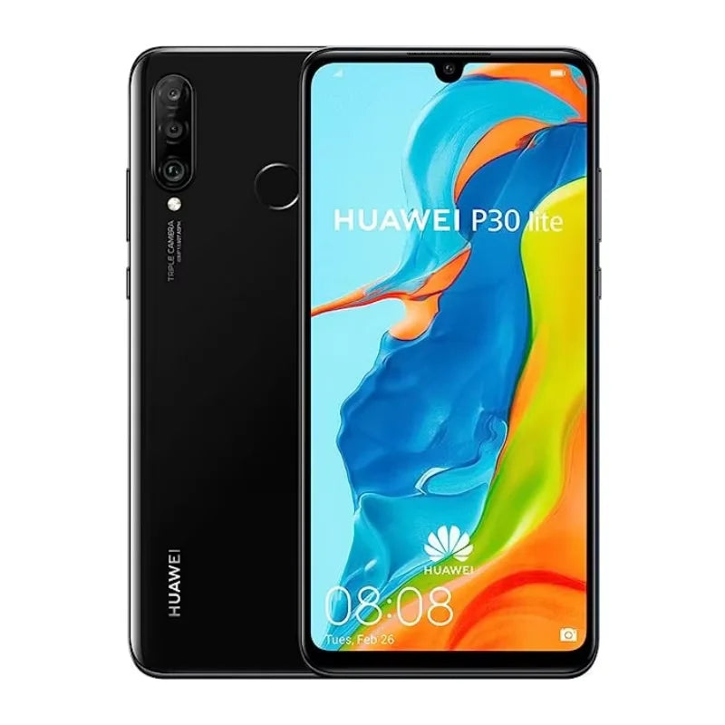 Mumzar black Huawei P30 Lite unlocked smartphone front and back view showing triple rear camera and fingerprint sensor Mumzar black Huawei P30 Lite unlocked smartphone front and back view showing triple rear camera and fingerprint sensor