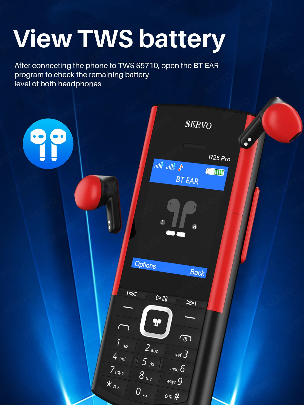 SERVO R25 PRO dual SIM mobile phone in red black showing TWS battery screen with matching red black earbuds SERVO R25 PRO dual SIM mobile phone in red black showing TWS battery screen with matching red black earbuds