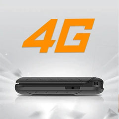 Mumzar 4G flip phone for seniors closed black clamshell handset showing side profile and 4G logo Mumzar 4G flip phone for seniors closed black clamshell handset showing side profile and 4G logo