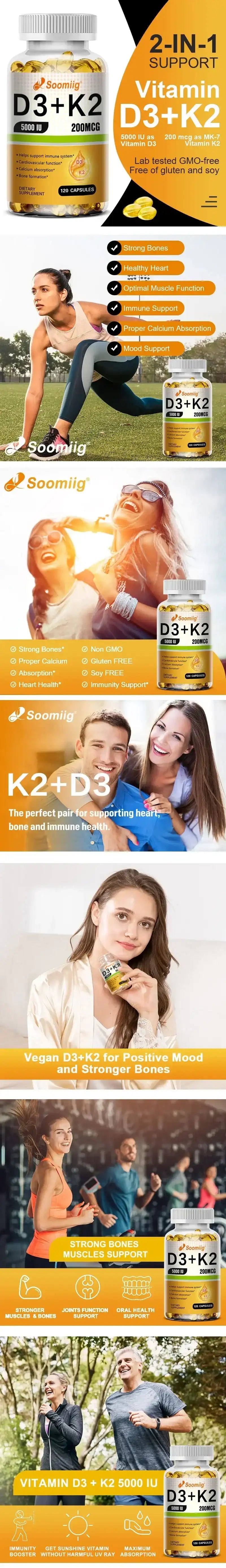 Vitamin D3 5000IU and 200 Mcg Vitamin K2 (MK-7) Capsules for Calcium Absorption, Bone Regeneration, Immune Support, Easy To Melt Vitamin D3 5000IU and 200 Mcg Vitamin K2 (MK-7) Capsules for Calcium Absorption, Bone Regeneration, Immune Support, Easy To Melt