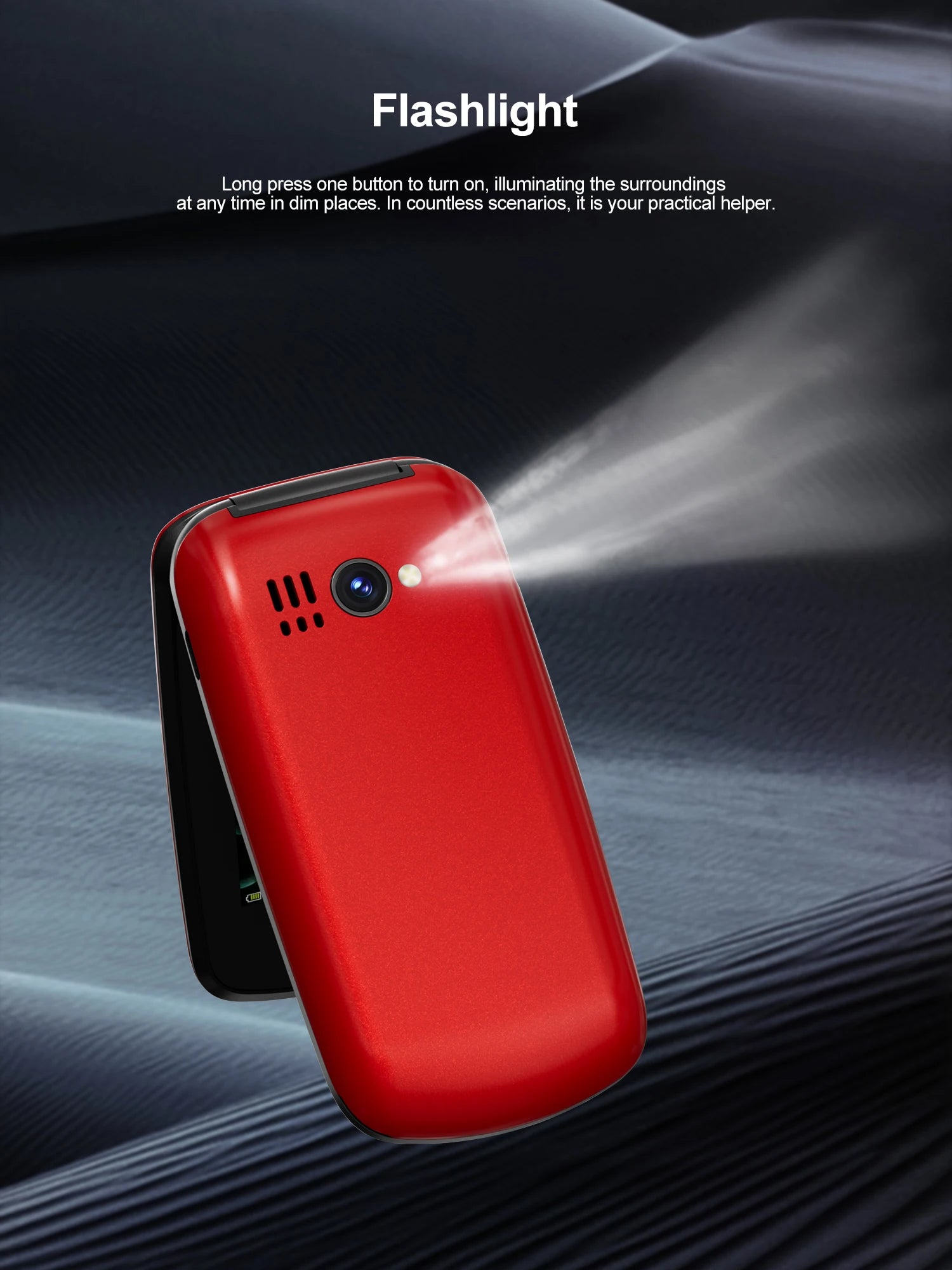 Mumzar red flip mobile phone with dual SIM showing rear camera flashlight beam and clamshell design Mumzar red flip mobile phone with dual SIM showing rear camera flashlight beam and clamshell design