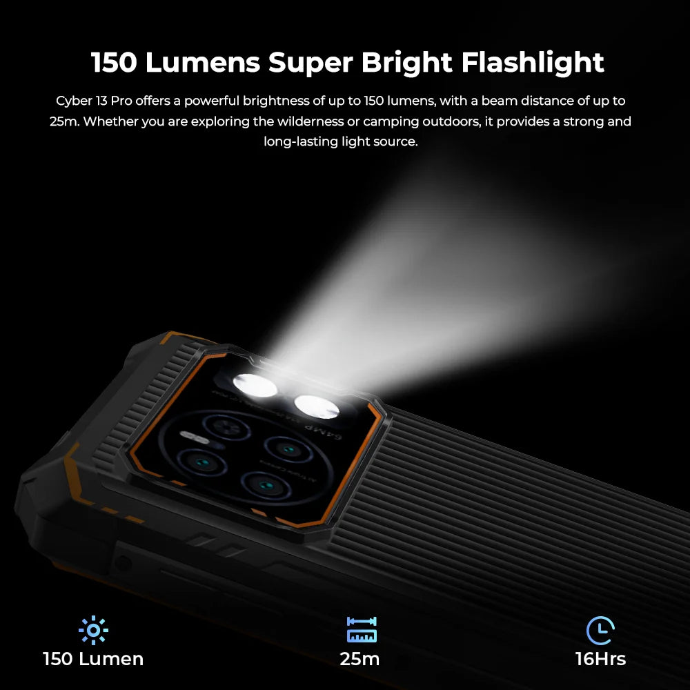 HOTWAV Cyber 13 Pro smartphone rugged black device showing rear 150 lumen super bright flashlight beam and quad camera module HOTWAV Cyber 13 Pro smartphone rugged black device showing rear 150 lumen super bright flashlight beam and quad camera module