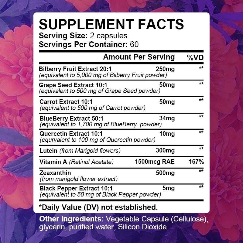 Eye Vitamins with A Blend of Lutein, Zeaxanthin and Bilberry Extract for Macular Fatigue, Dry Eyes and Vision Health in Adults Eye Vitamins with A Blend of Lutein, Zeaxanthin and Bilberry Extract for Macular Fatigue, Dry Eyes and Vision Health in Adults