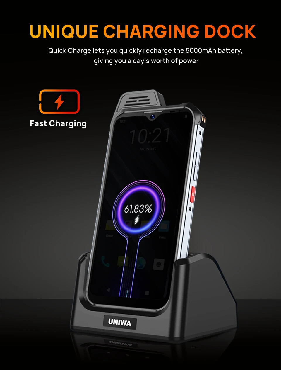UNIWA rugged ATEX smartphone UAE in charging dock showing fast charge status 5000mAh battery UNIWA rugged ATEX smartphone UAE in charging dock showing fast charge status 5000mAh battery