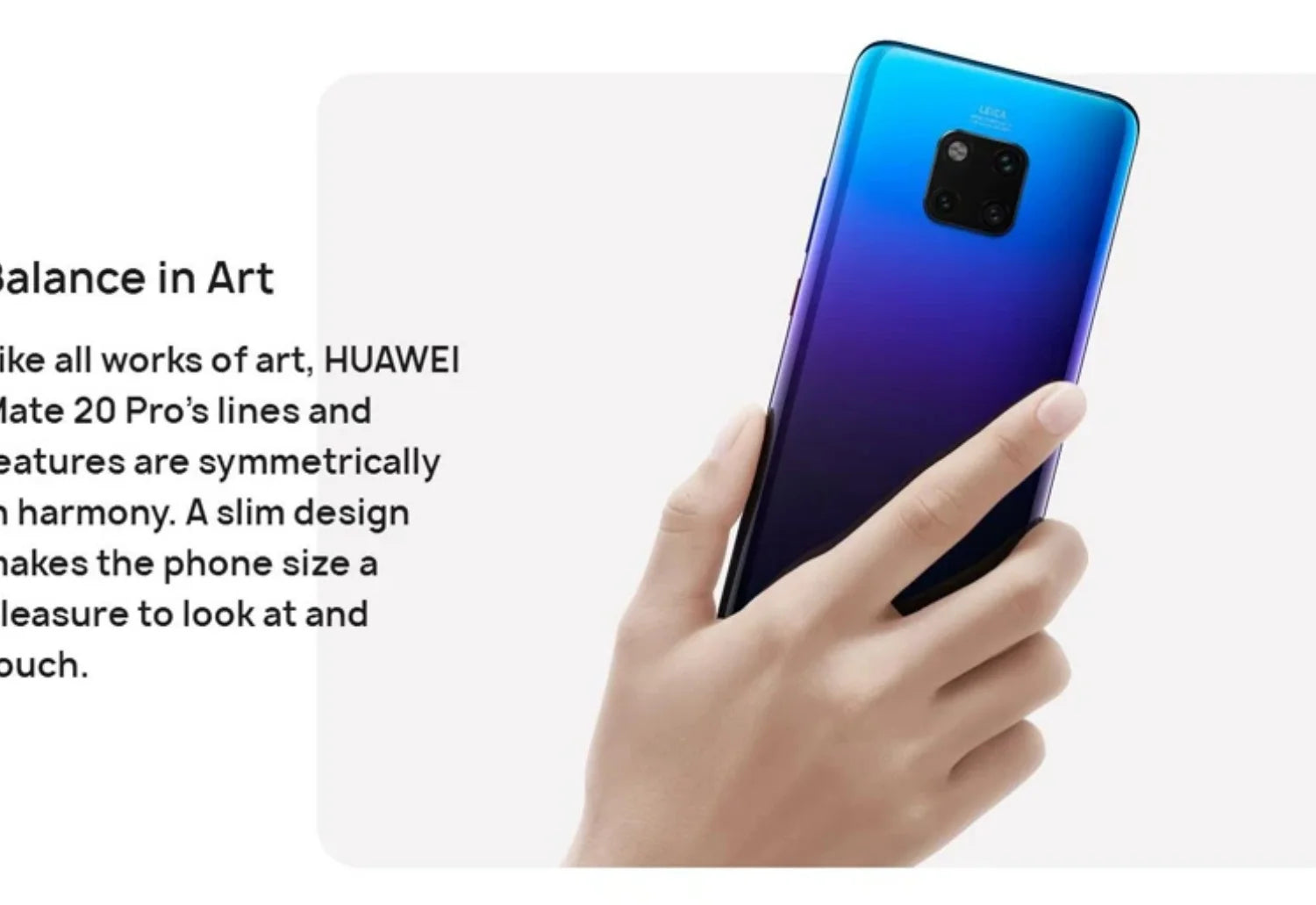 Hand holding blue gradient Huawei Mate 20 Pro 8GB 256GB unlocked showing rear triple camera and slim design Hand holding blue gradient Huawei Mate 20 Pro 8GB 256GB unlocked showing rear triple camera and slim design