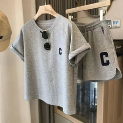 2 Piece Set Women Summer Loose Short Sleeve T-Shirt Casual Shorts Sports Print Letter Casual Suit Large Size Short Pajamas  2 Piece Set Women Summer Loose Short Sleeve T-Shirt Casual Shorts Sports Print Letter Casual Suit Large Size Short Pajamas