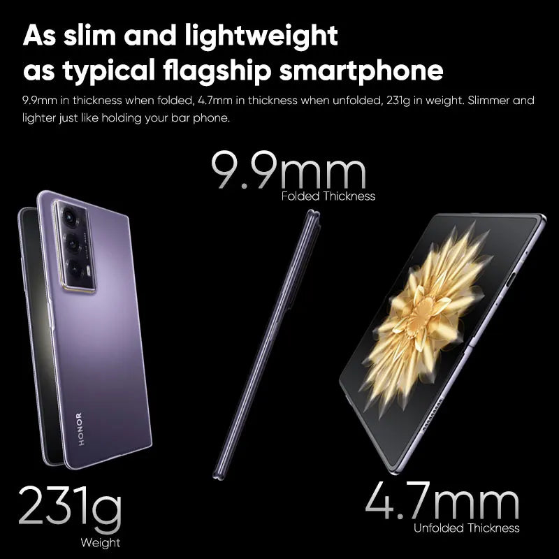 Honor Magic V2 5G foldable phone shown in purple folded and unfolded displaying slim 9.9mm folded 4.7mm unfolded and 231g weight Honor Magic V2 5G foldable phone shown in purple folded and unfolded displaying slim 9.9mm folded 4.7mm unfolded and 231g weight