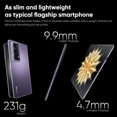 Honor Magic V2 5G foldable phone shown in purple folded and unfolded displaying slim 9.9mm folded 4.7mm unfolded and 231g weight Honor Magic V2 5G foldable phone shown in purple folded and unfolded displaying slim 9.9mm folded 4.7mm unfolded and 231g weight