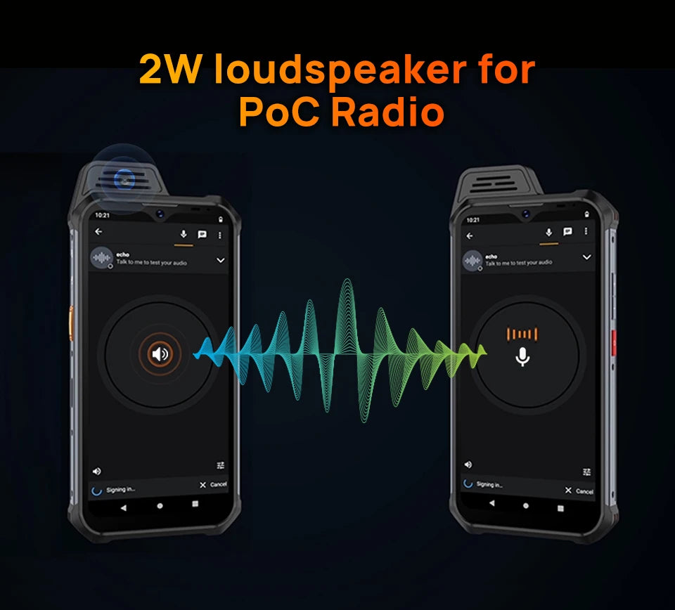 UNIWA rugged ATEX smartphone UAE showing two rugged phones with 2W loudspeaker for PoC radio and sound wave UNIWA rugged ATEX smartphone UAE showing two rugged phones with 2W loudspeaker for PoC radio and sound wave