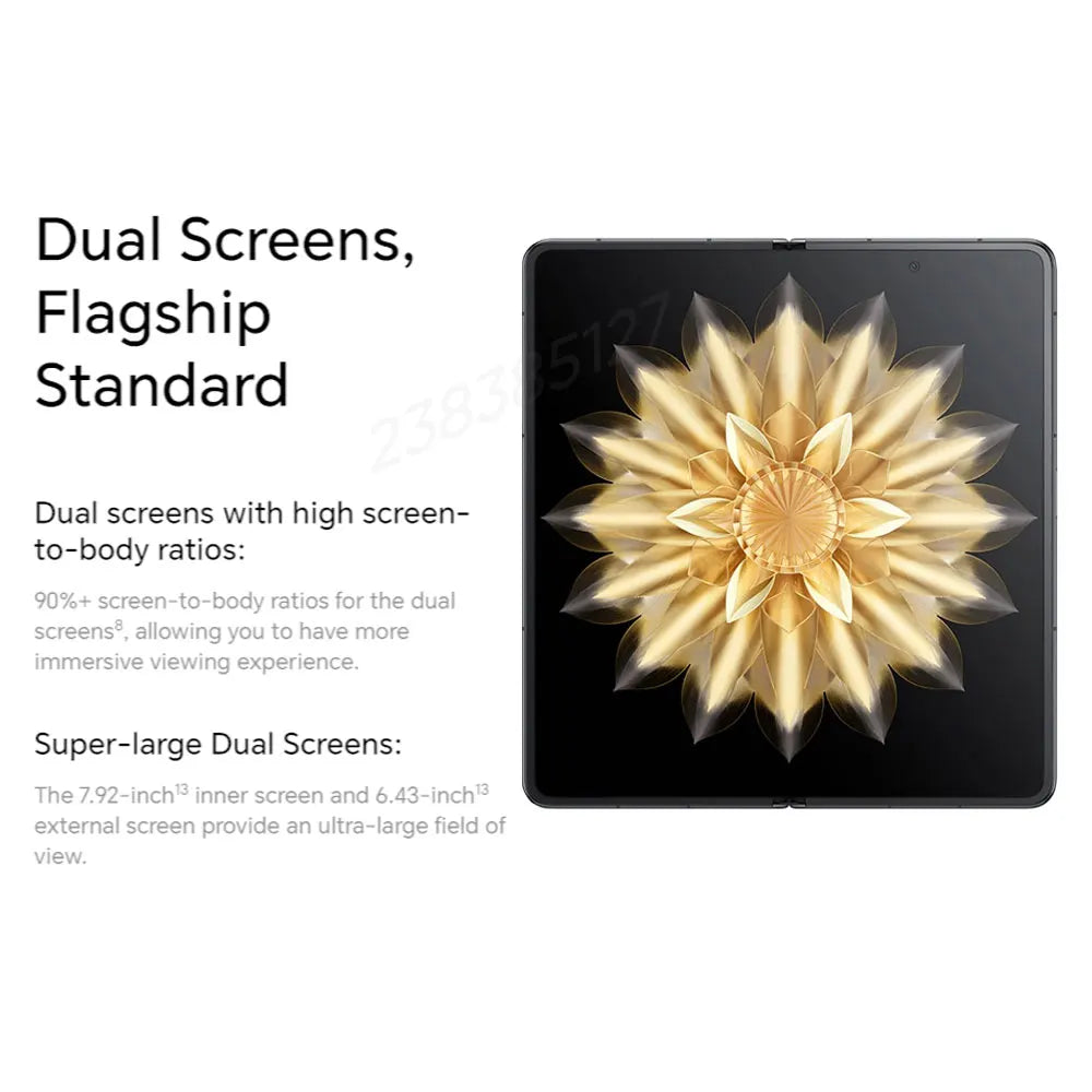 Honor Magic V2 5G foldable phone open showing large inner display with gold flower wallpaper and dual screen text Honor Magic V2 5G foldable phone open showing large inner display with gold flower wallpaper and dual screen text